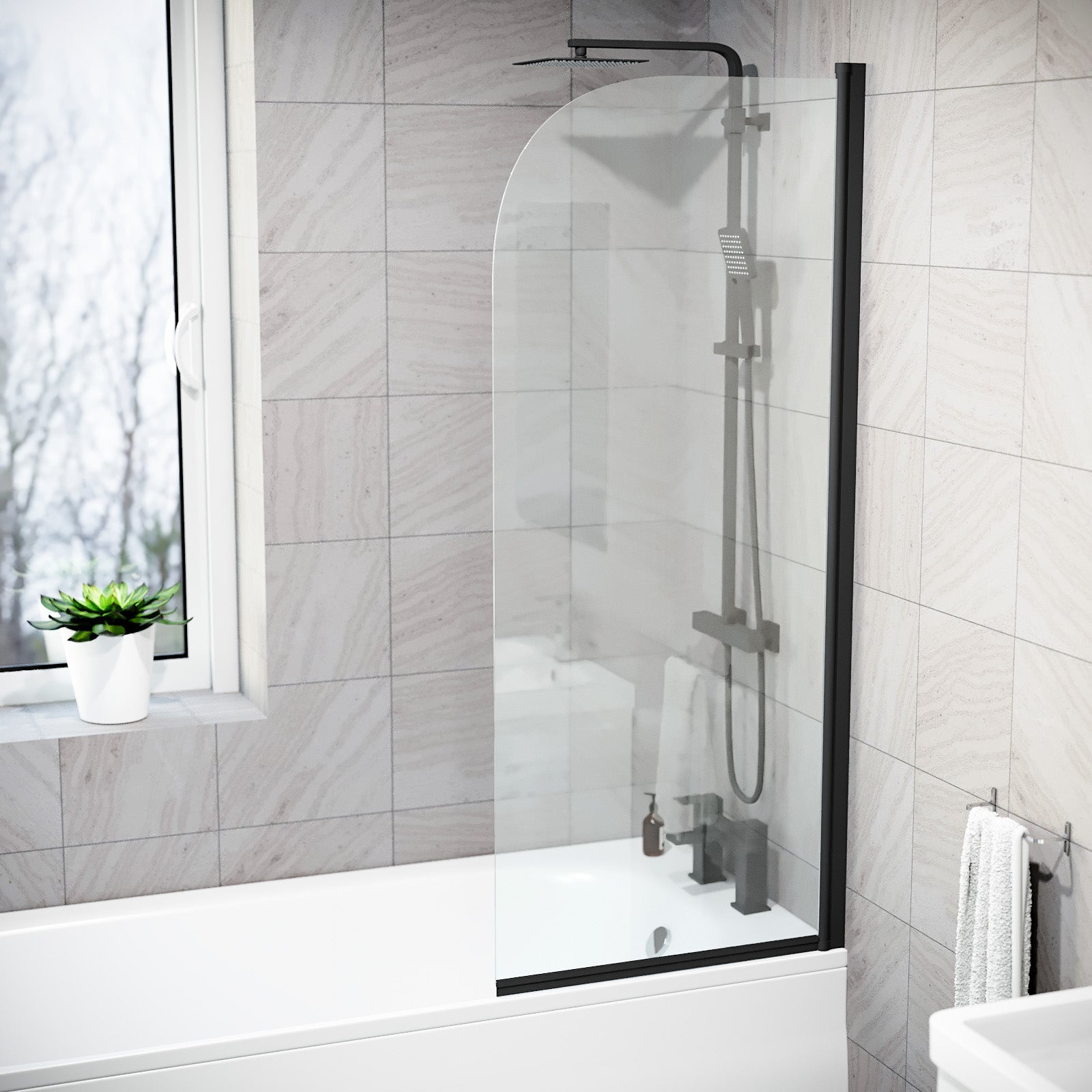 Hinged 600 x 1400mm Bathtub Screen, 5mm Tempered Glass - Matte Black