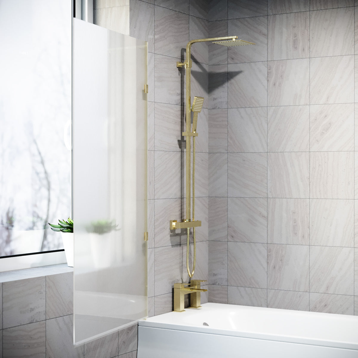 800mm Fluted Bath Screen, Easy Clean Brushed Brass Aluminium and Parts