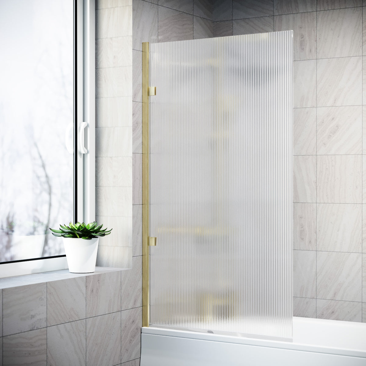 800mm Fluted Bath Screen, Easy Clean Brushed Brass Aluminium and Parts