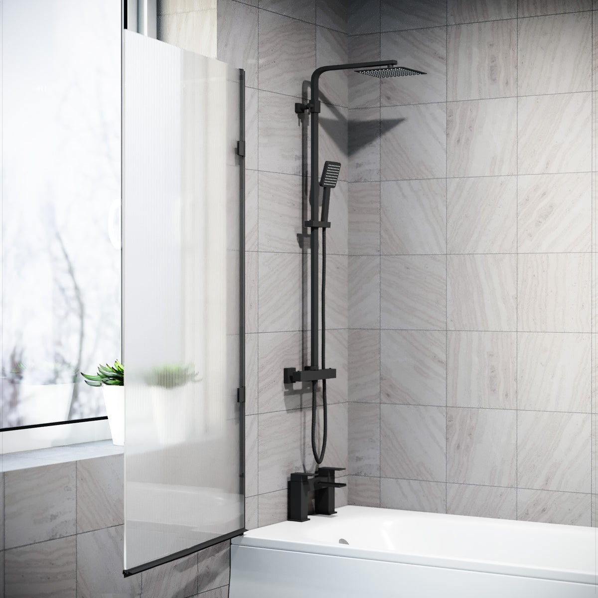 800mm Fluted Bath Screen, Easy Clean Matte Black Aluminium and Parts
