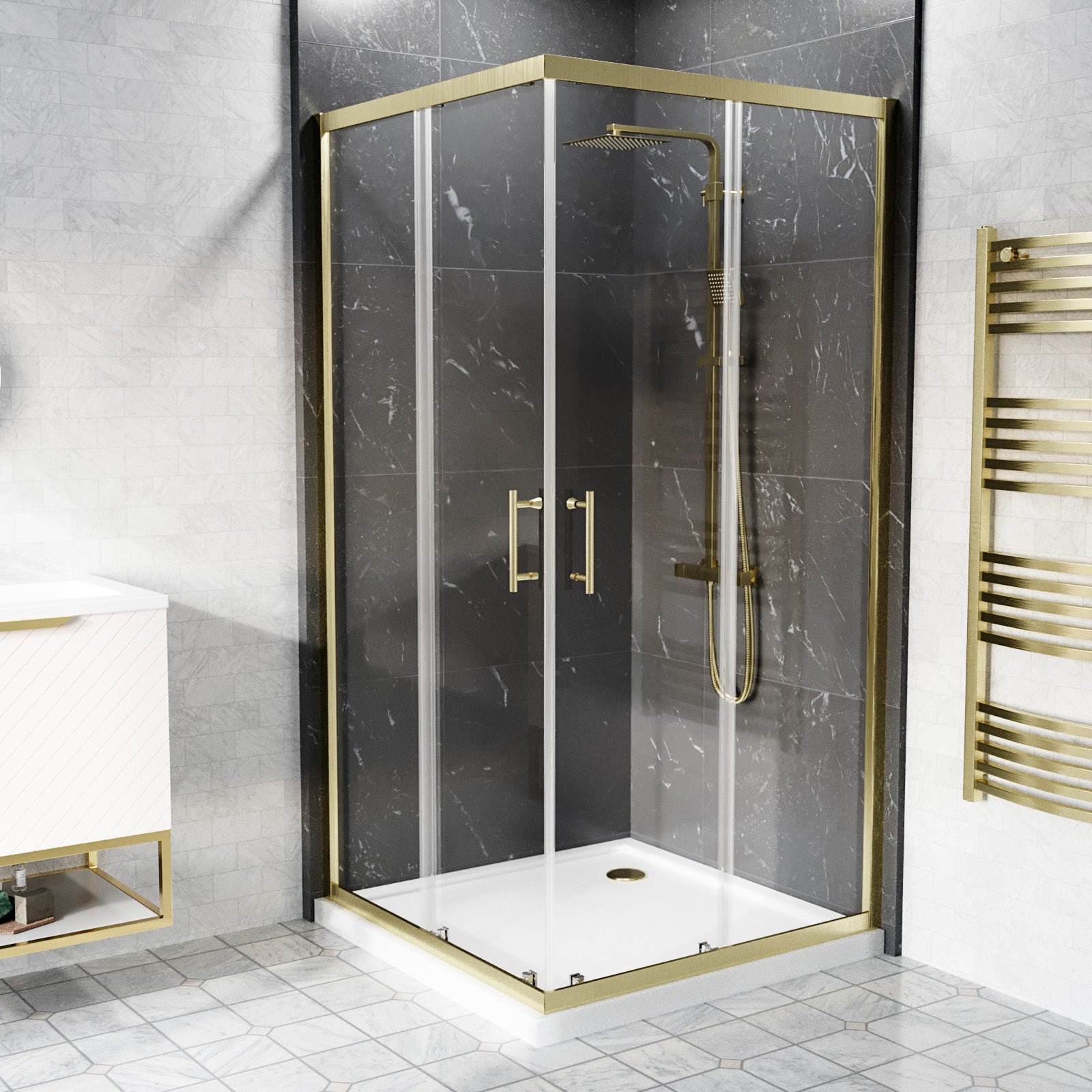 Manga 760 x 760mm Brushed Brass Framed Corner Entry Sliding Shower Enclosure Tray