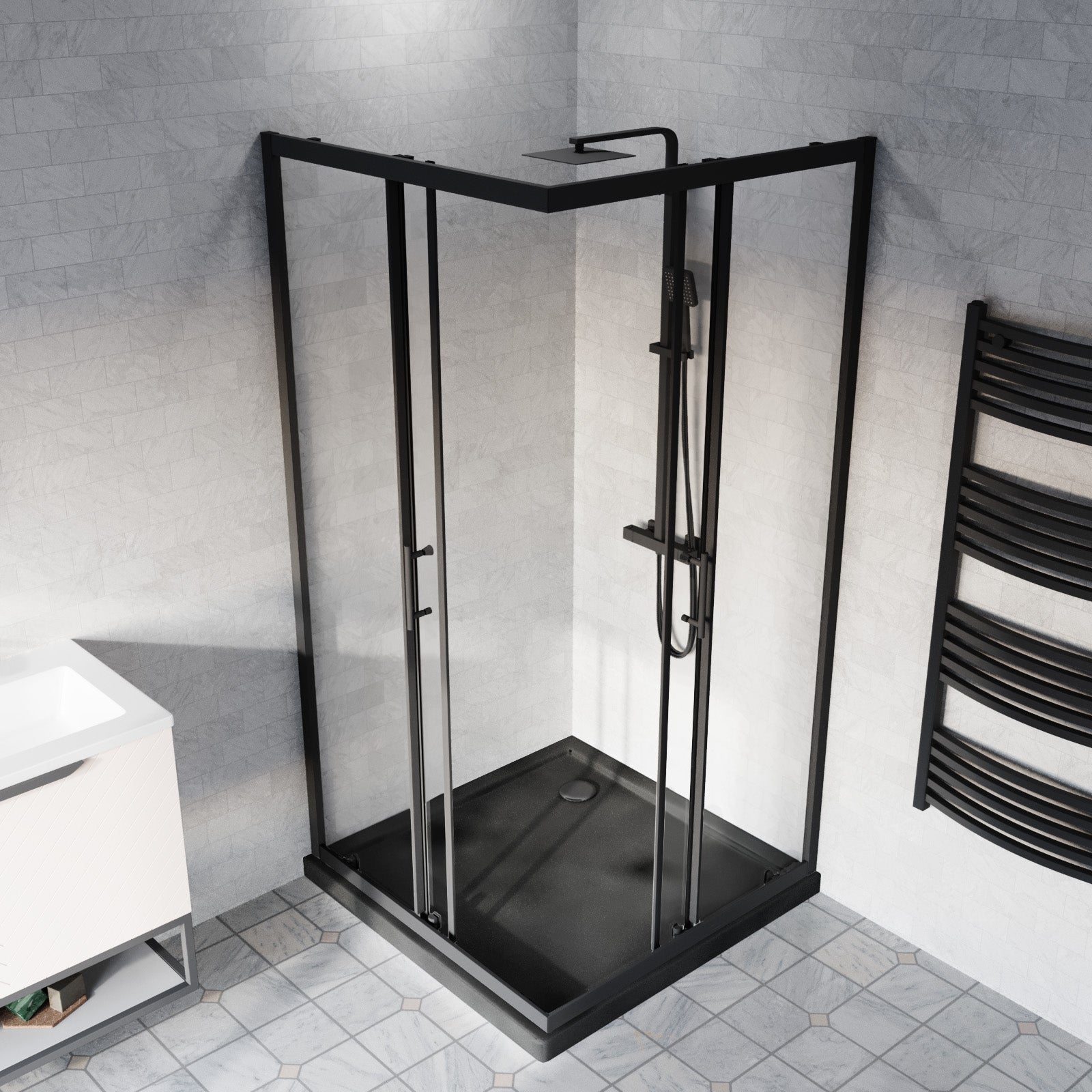 900mm Matte Black Corner Shower Enclosure With 900mm Slate Grey Shower Tray