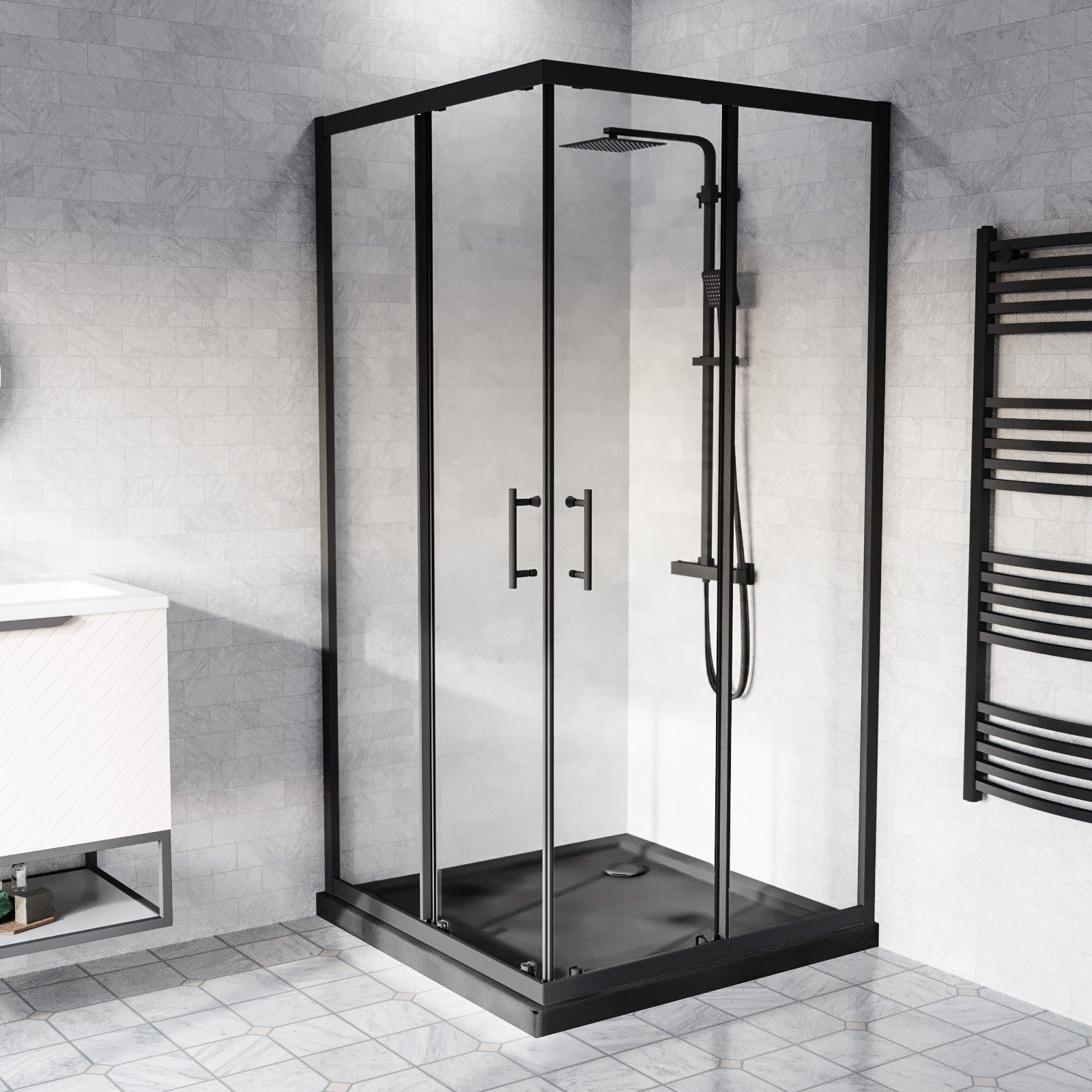 900mm Matte Black Corner Shower Enclosure With 900mm Slate Grey Shower Tray