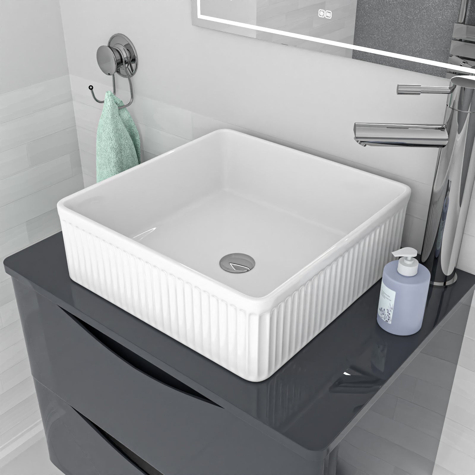 370mm Fluted Square Countertop Sink Gloss White