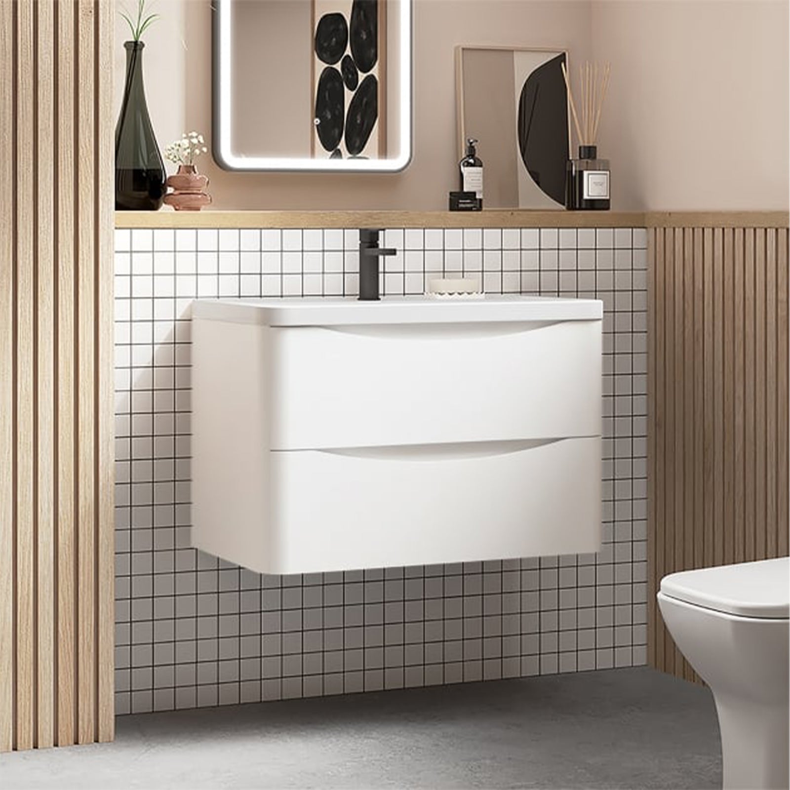 Nes Home 800mm Wall Hung Vanity with Double Drawers Matte Beige and Basin