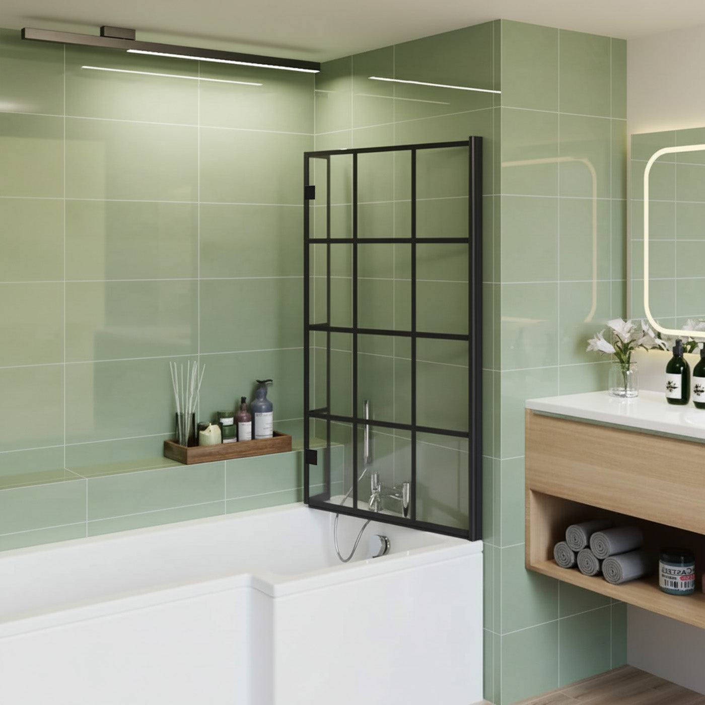 Reversible 1400mm Tempered Glass Grid Bath Screen Matte Black