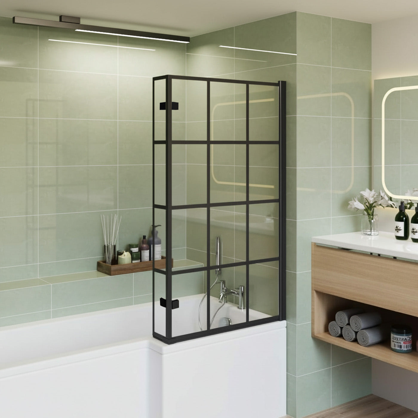 Reversible 1400mm Tempered Glass Grid Bath Screen Matte Black