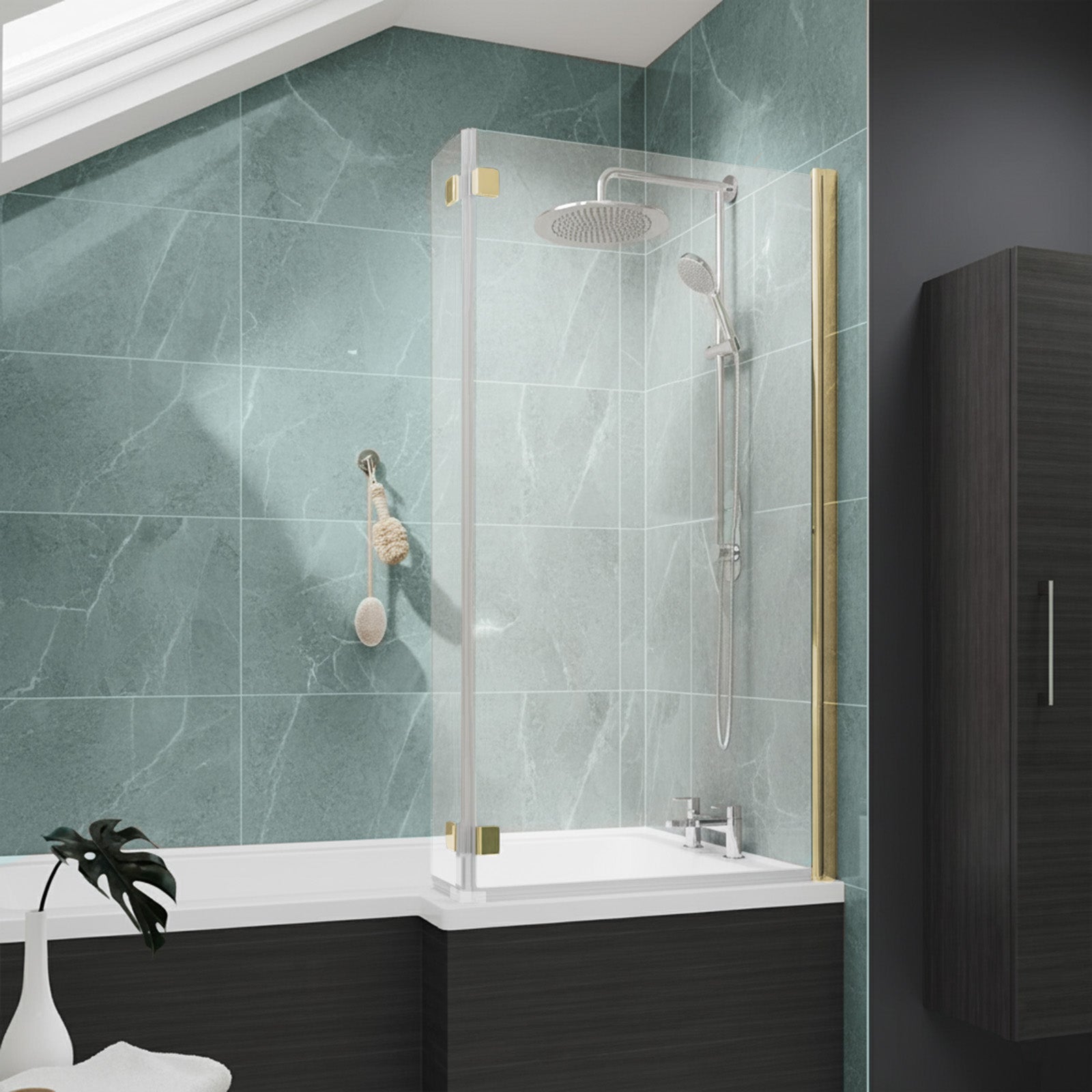 830mm Reversible Hinged 6mm Tempered Glass L-shape Bath Screen Brushed Brass