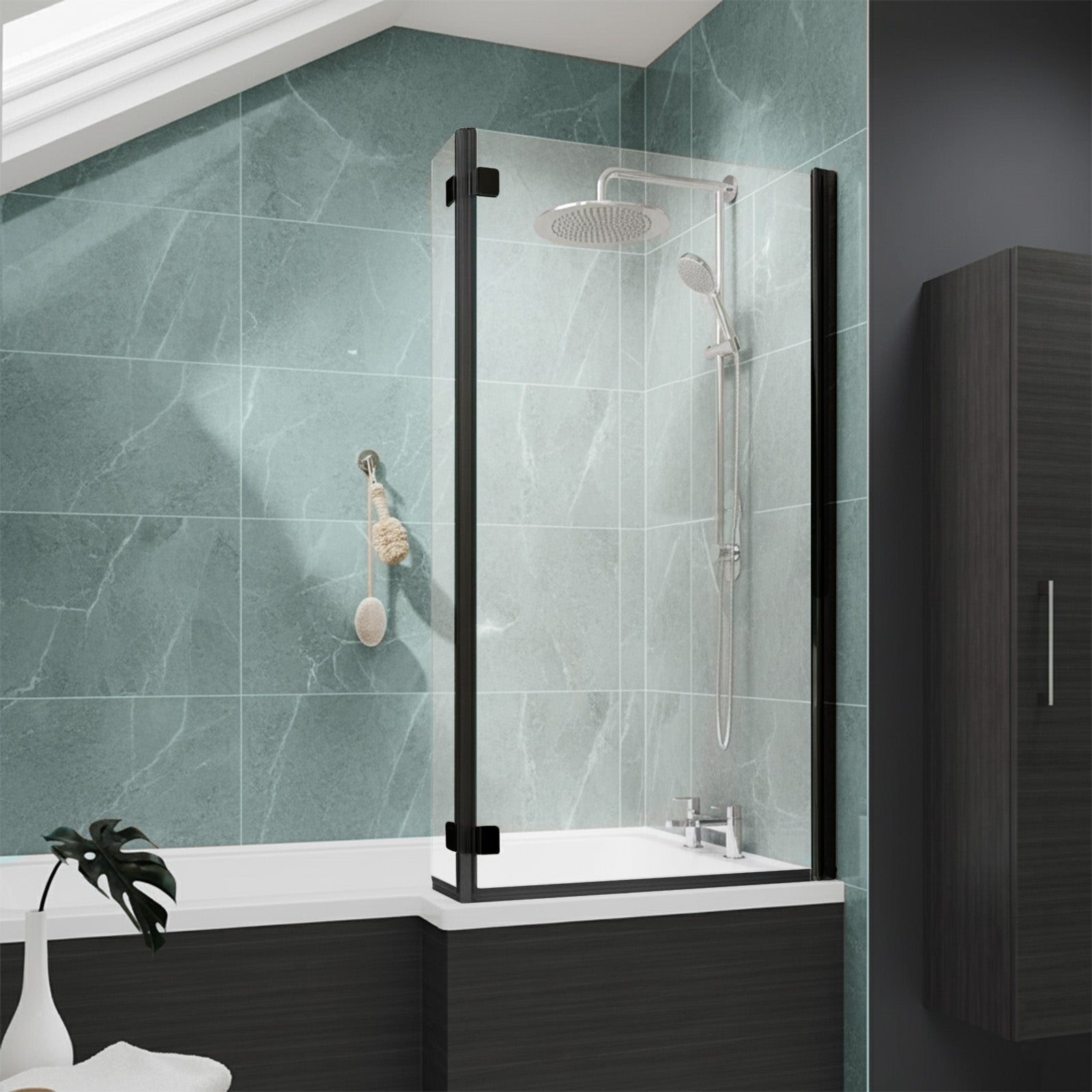 830mm Reversible 6mm Tempered Glass L-shape Bath Screen Matte Black