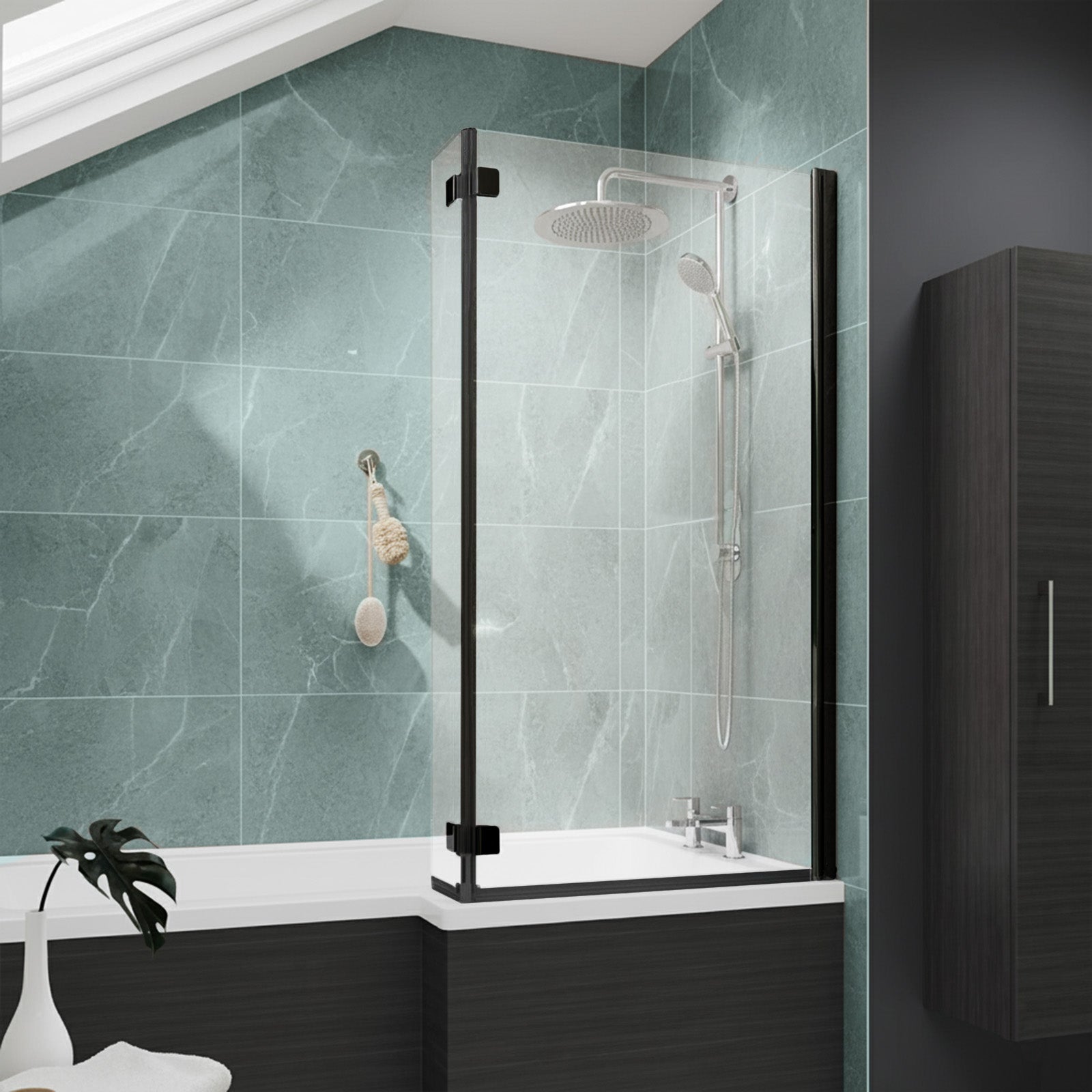 830mm Reversible 6mm Tempered Glass L-shape Bath Screen Matte Black