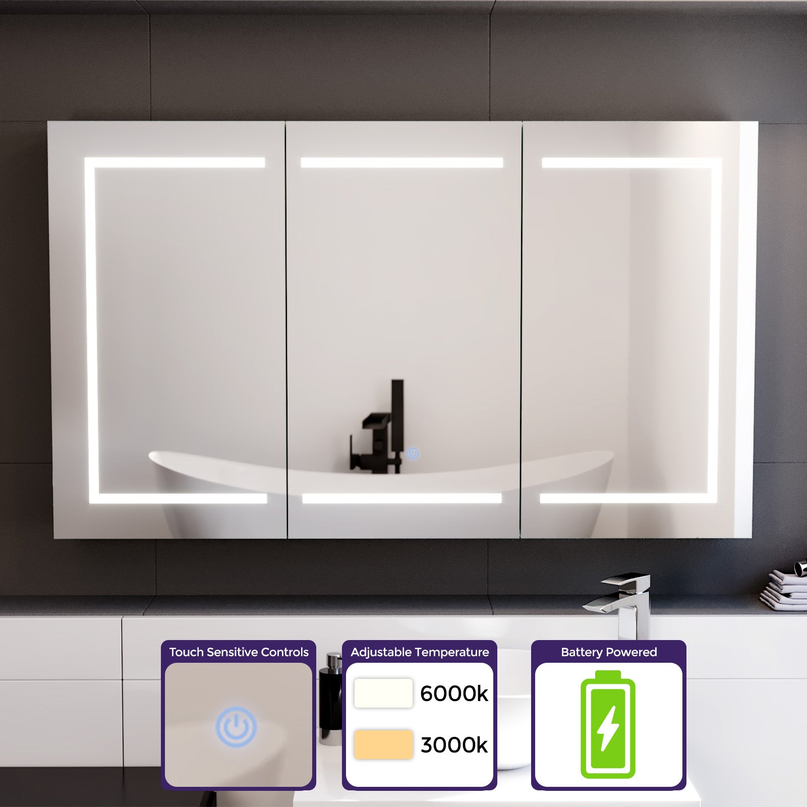 1200mm LED 3 Doors White Bathroom Mirror Cabinet Battery Powered