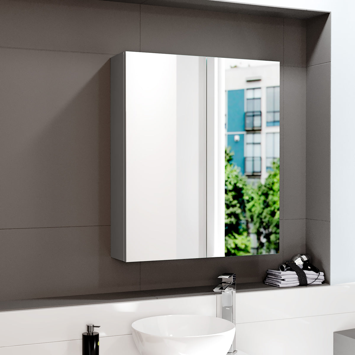 Anthracite 600mm Bathroom Mirror Cabinet With Shelf Storage