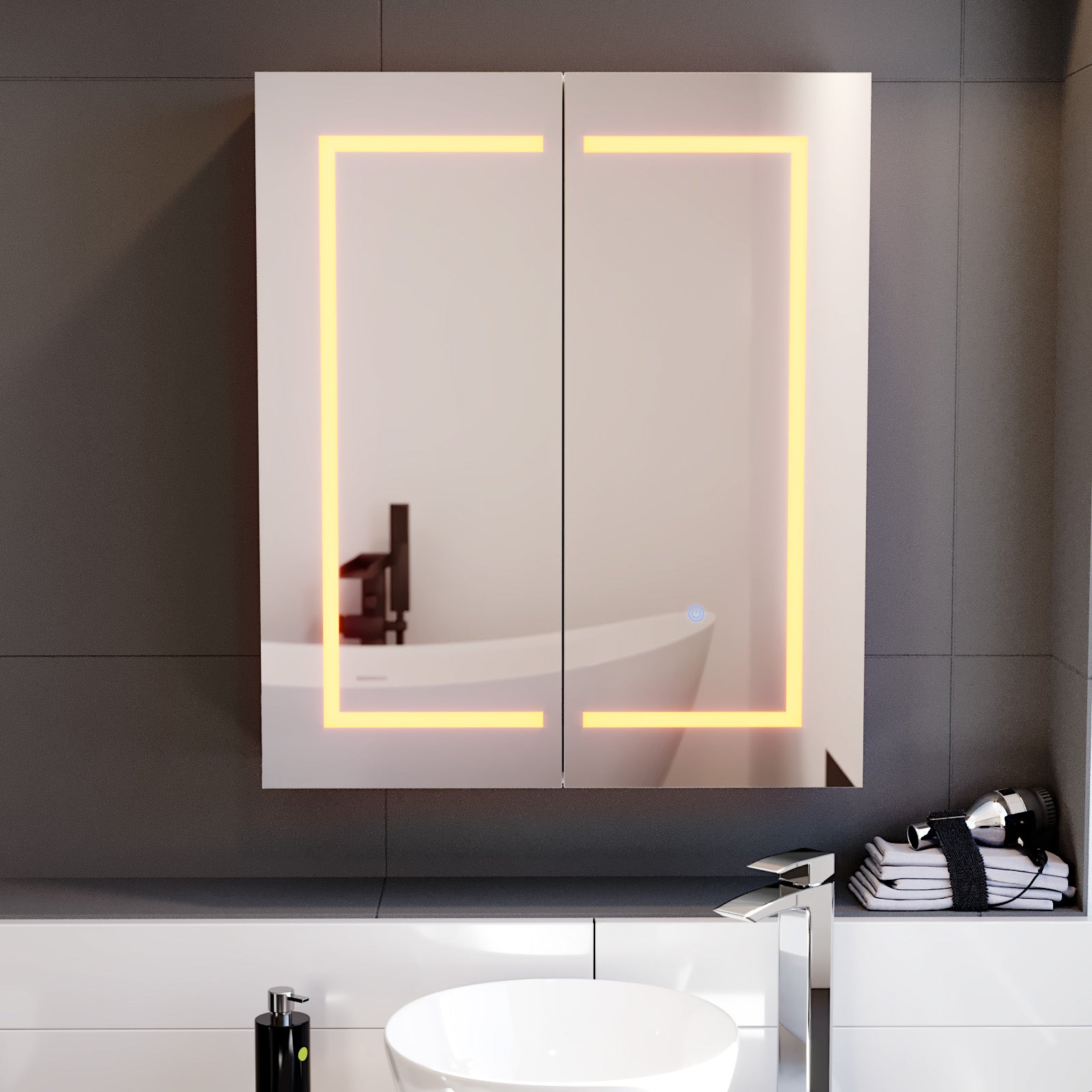 600mm LED 2 Doors White Bathroom Mirror Cabinet Battery Powered