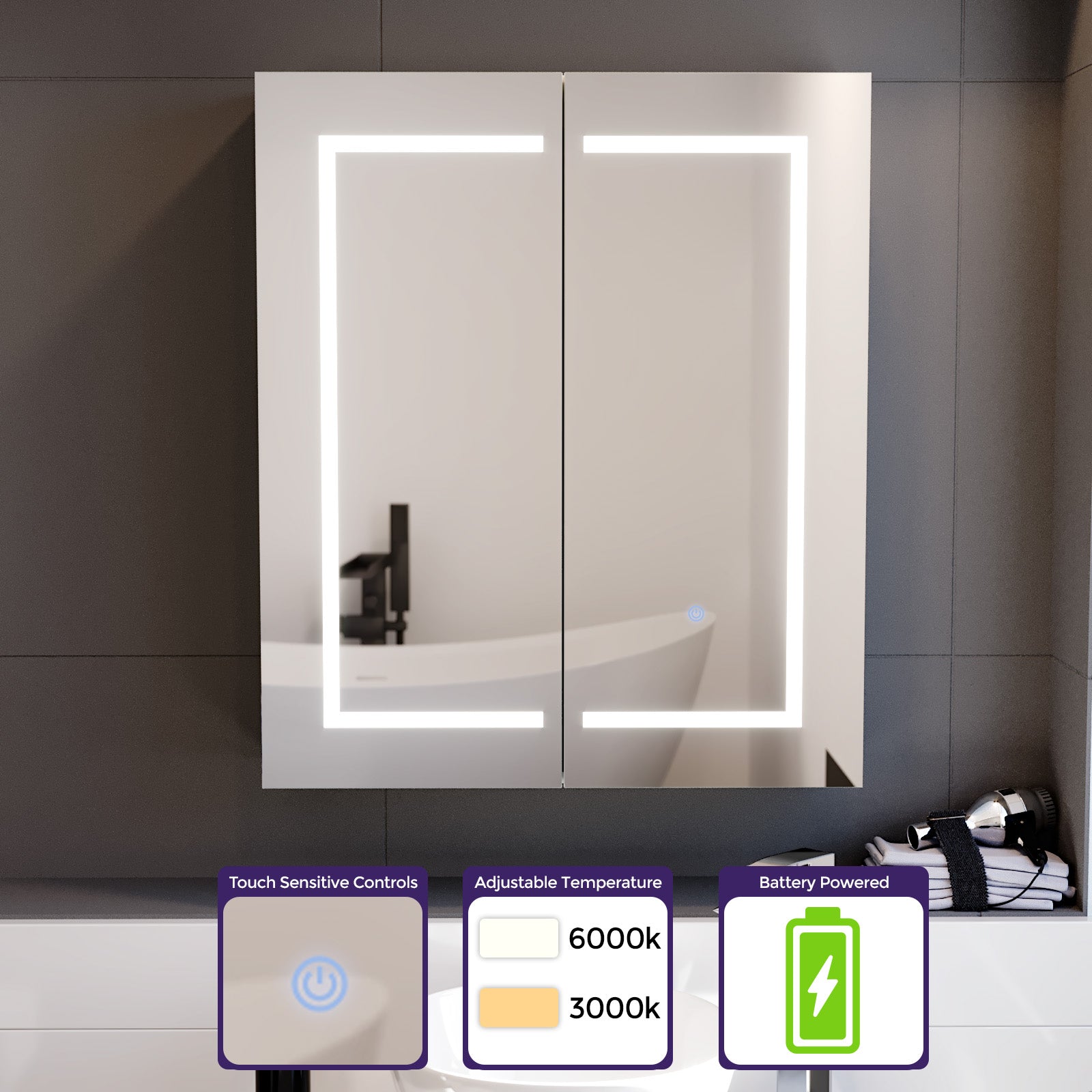 600mm LED 2 Doors White Bathroom Mirror Cabinet Battery Powered