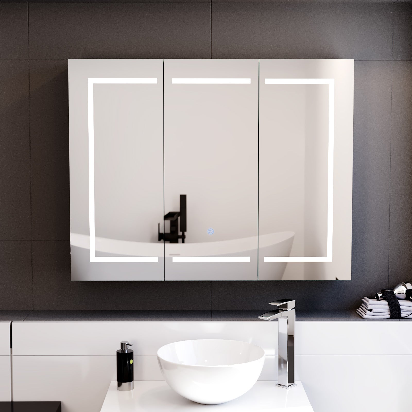 900mm LED 3 Doors White Bathroom Mirror Cabinet Battery Powered