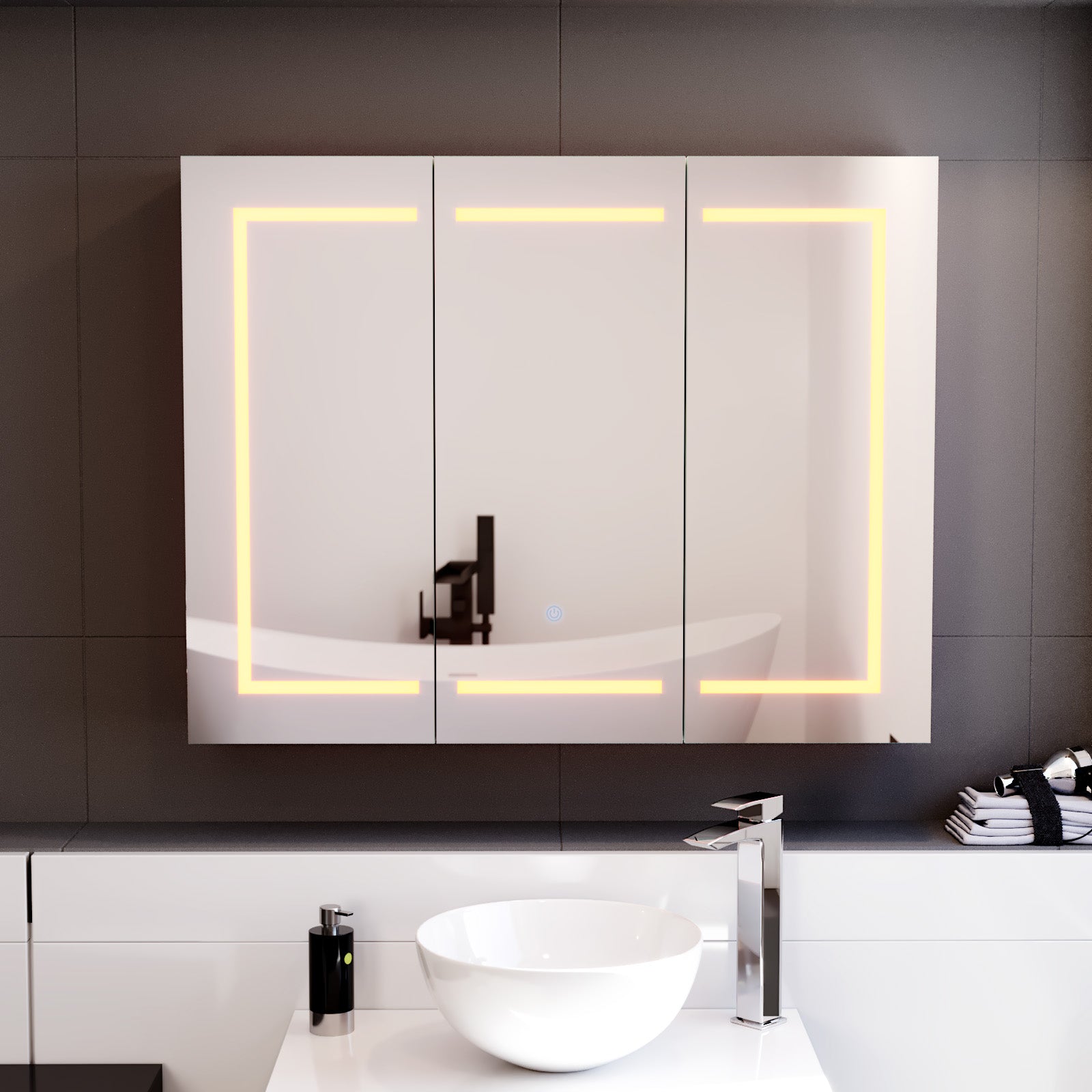 900mm LED 3 Doors White Bathroom Mirror Cabinet Battery Powered