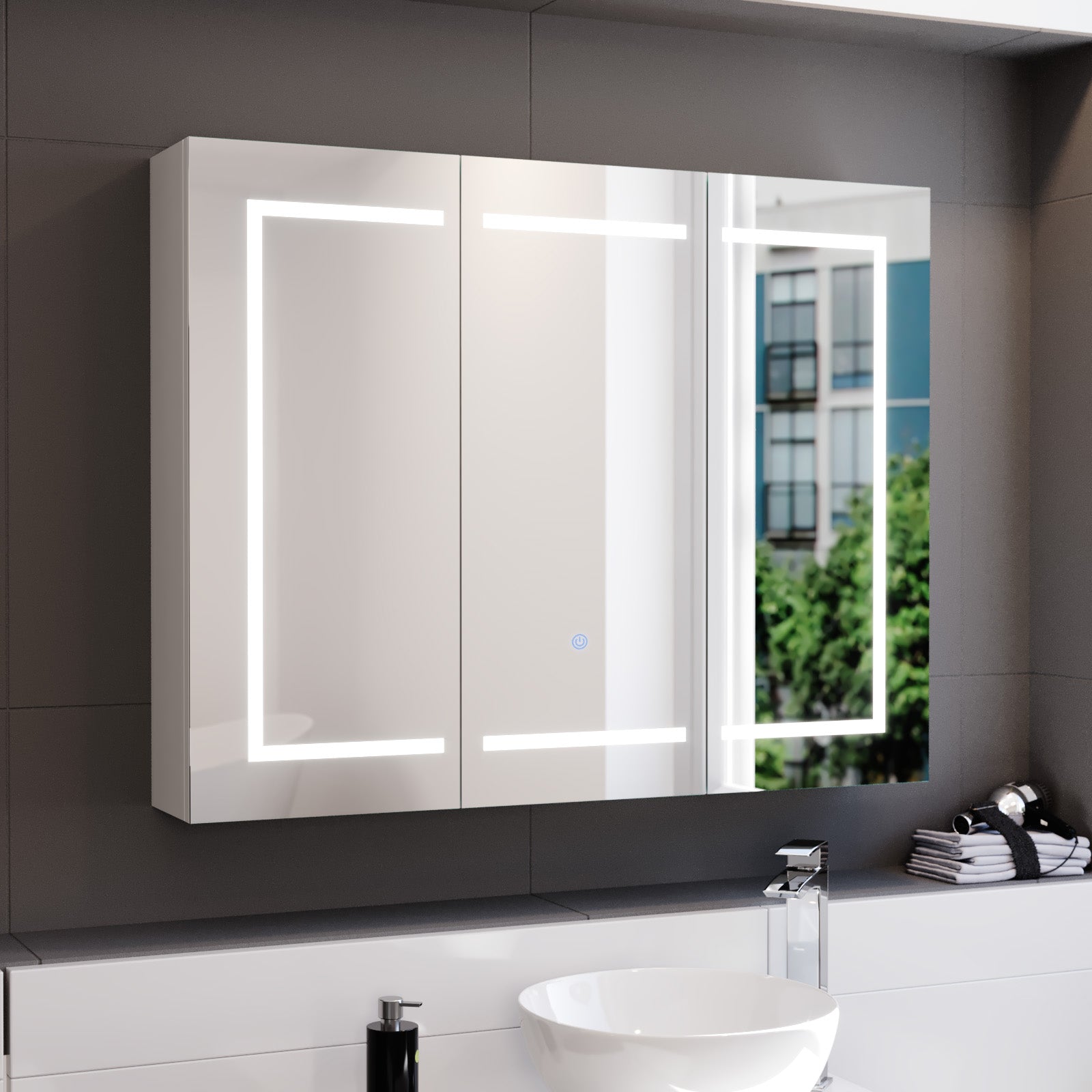 900mm LED 3 Doors White Bathroom Mirror Cabinet Battery Powered