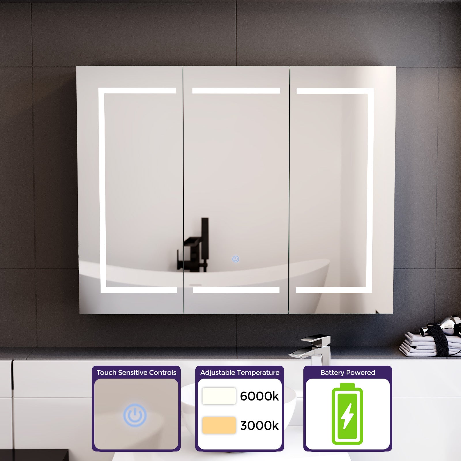 900mm LED 2 Doors White Bathroom Mirror Cabinet Battery Powered