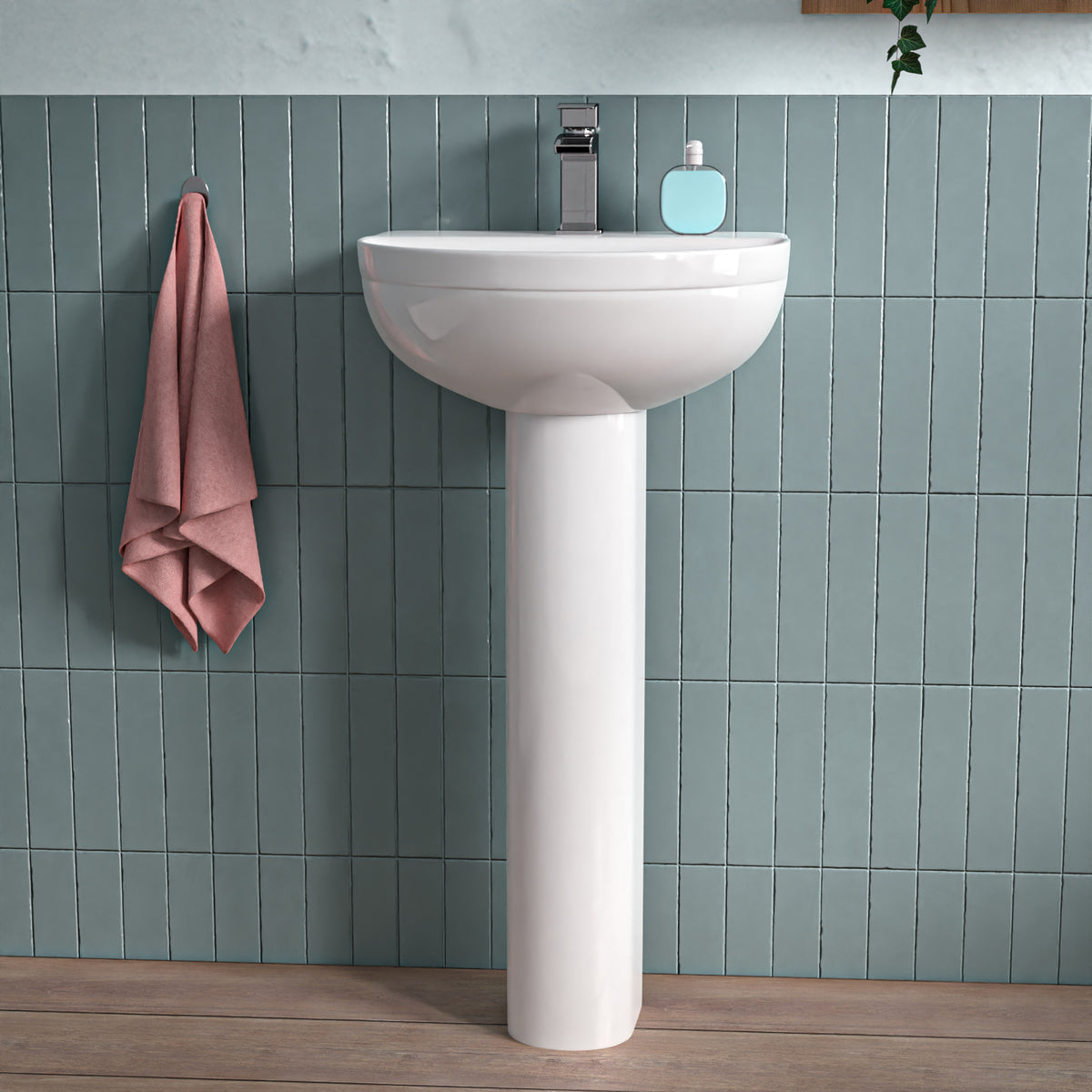 White 450mm Modern Round Edge Full Pedestal Basin
