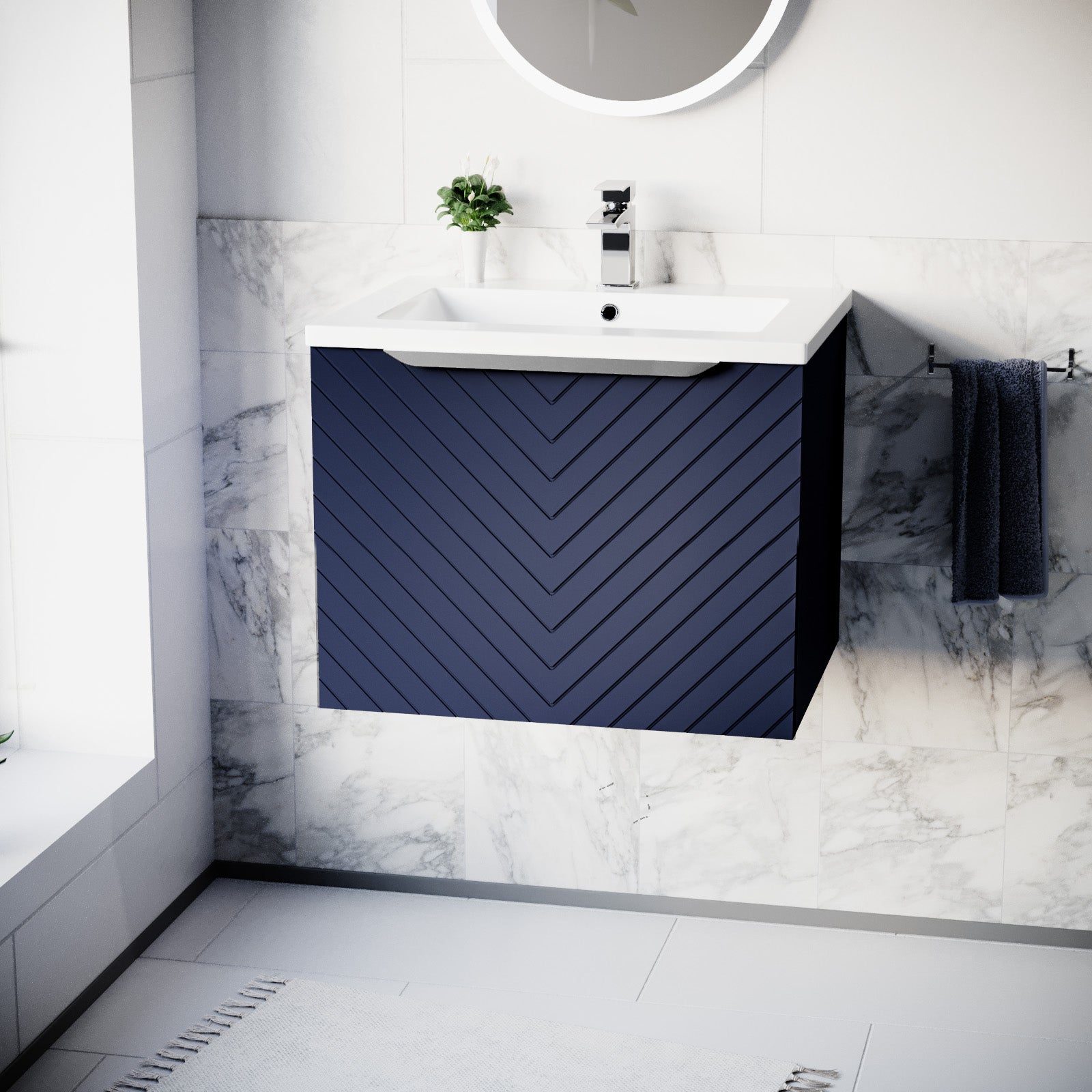 Roxy 600mm Wall Hung Blue Drawers Basin Vanity Silver Handle