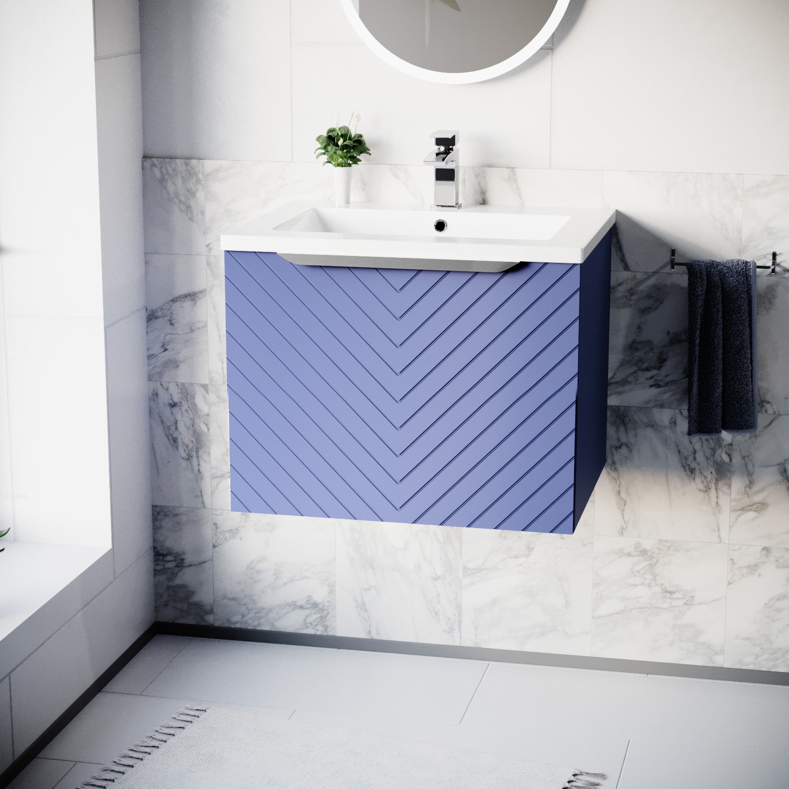 Roxy 600mm Wall Hung Blue Drawers Basin Vanity Silver Handle
