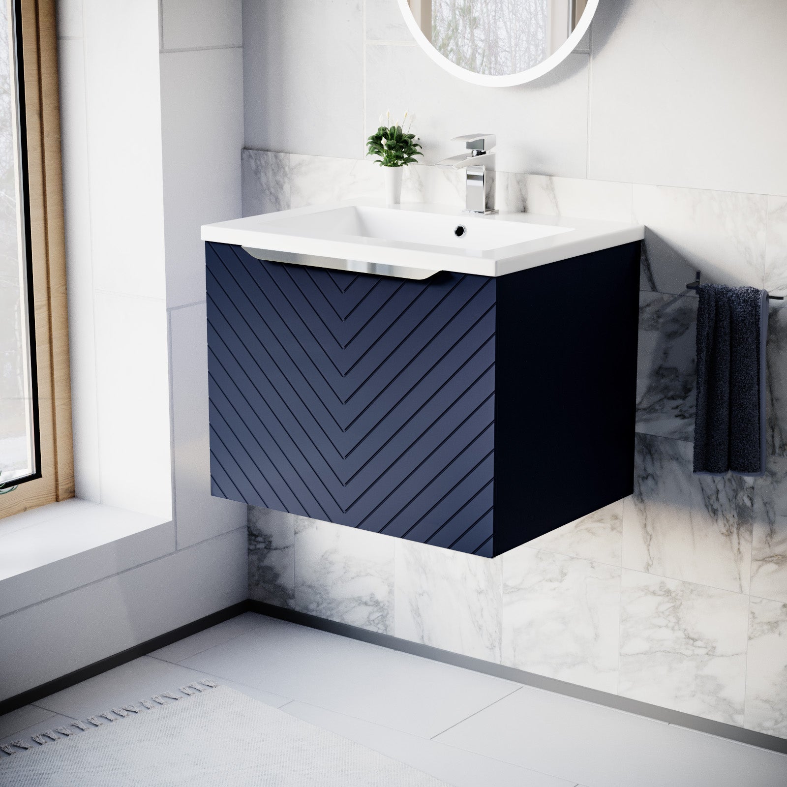 Roxy 600mm Wall Hung Blue Drawers Basin Vanity Silver Handle