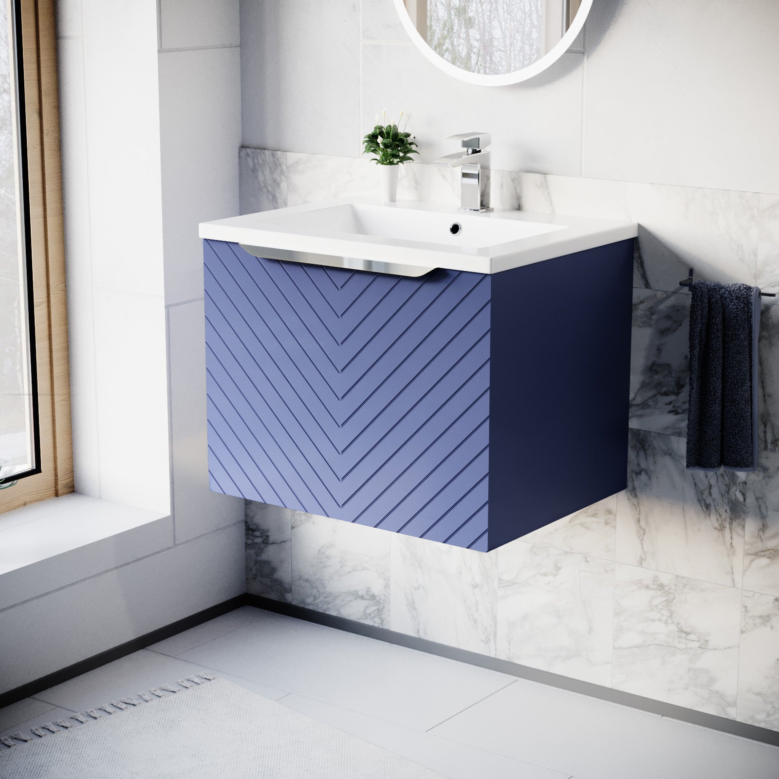 Roxy 600mm Wall Hung Blue Drawers Basin Vanity Silver Handle