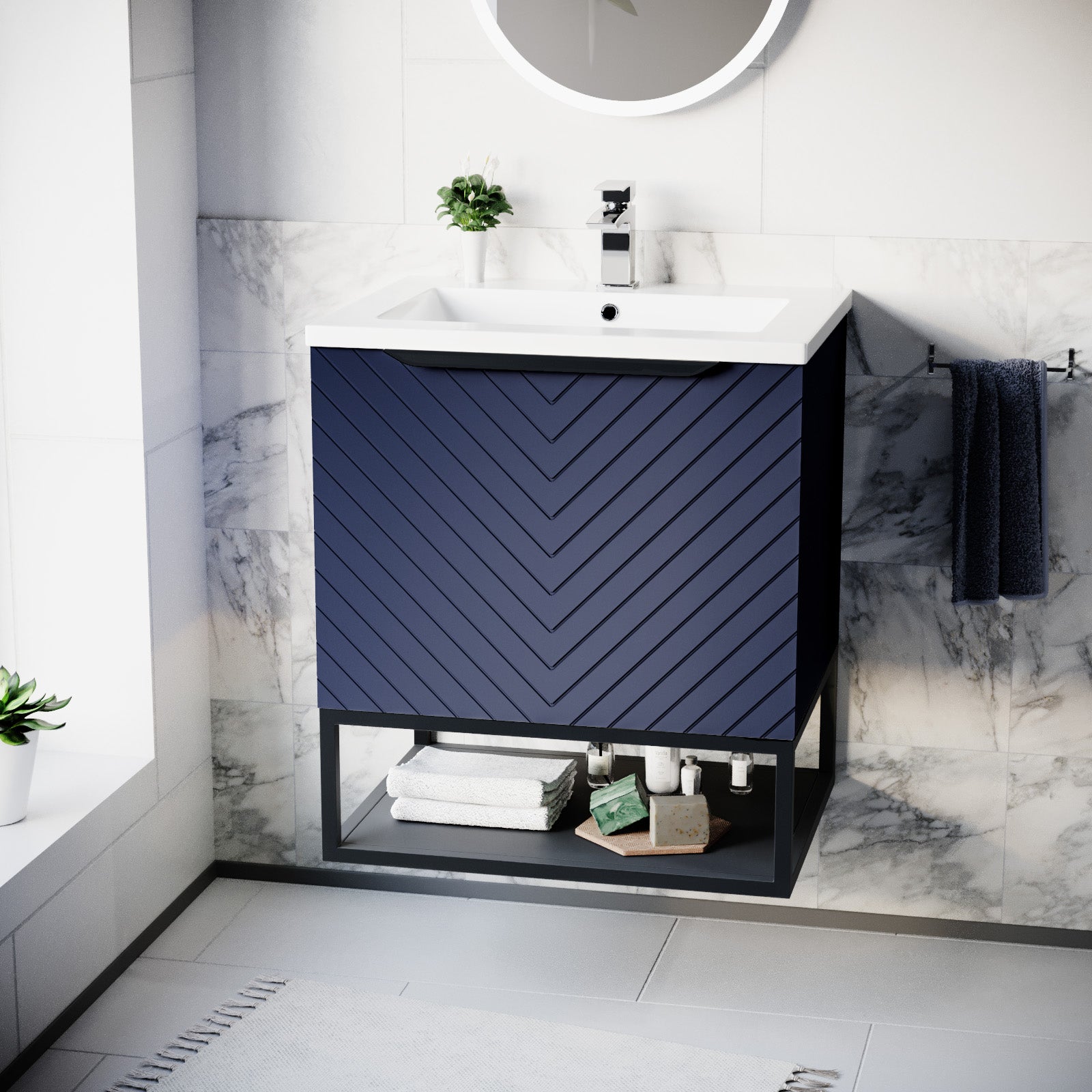Roxy 600mm Wall Hung Blue Drawers Basin Vanity Black Frame & Handle
