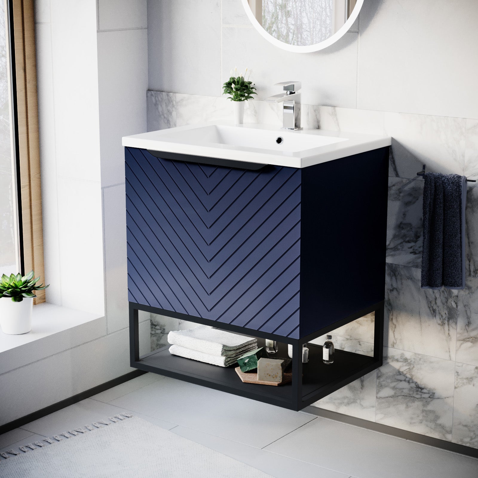 Roxy 600mm Wall Hung Blue Drawers Basin Vanity Black Frame & Handle