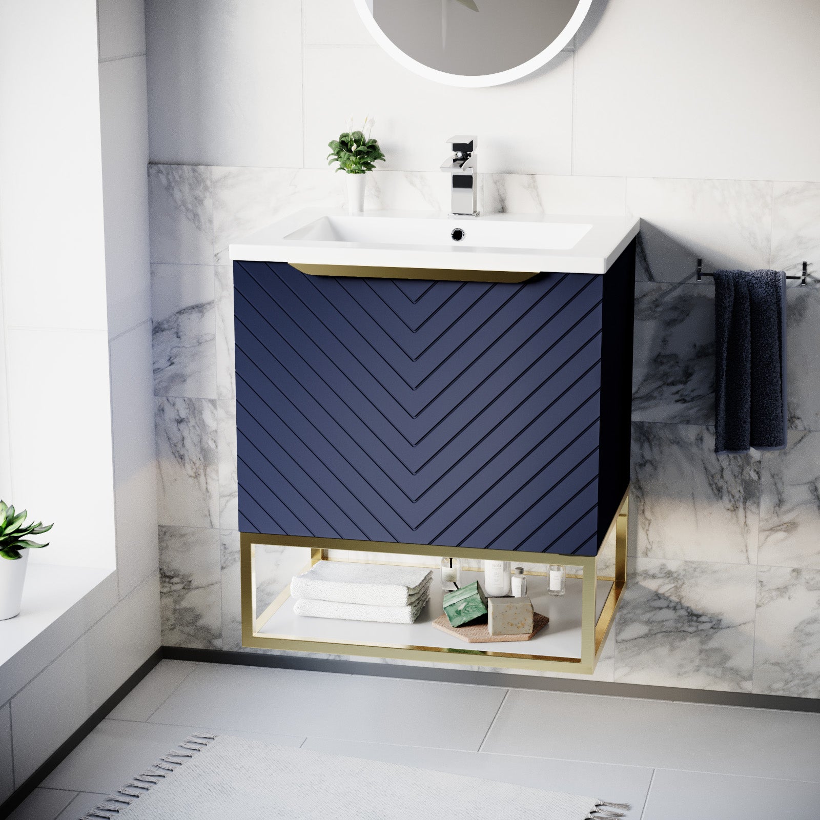 Roxy 600mm Wall Hung Blue Drawers Basin Vanity Brushed Brass Frame & Handle