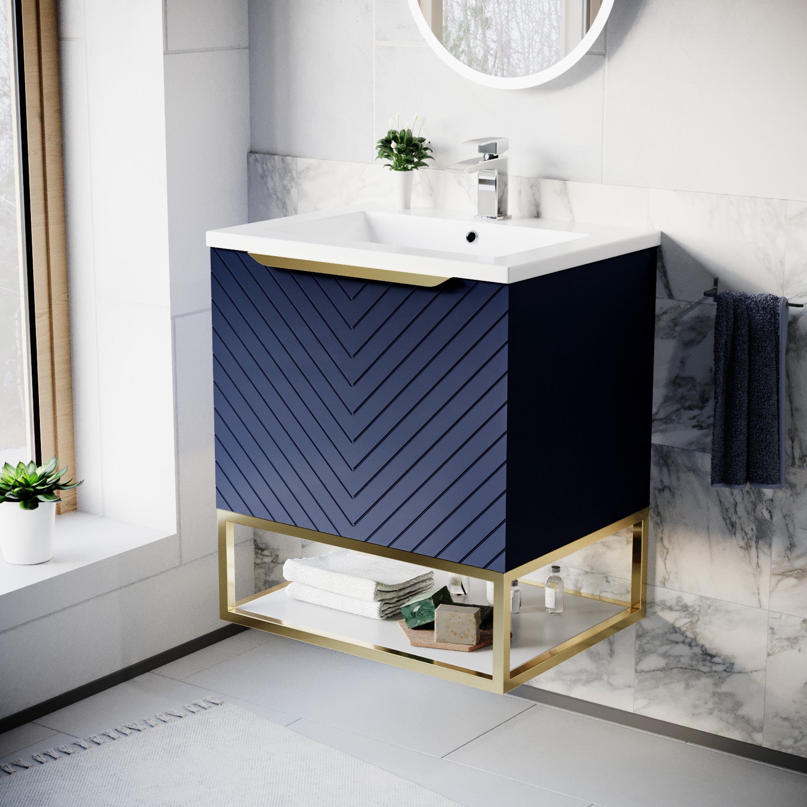 Roxy 600mm Wall Hung Blue Drawers Basin Vanity Brushed Brass Frame & Handle