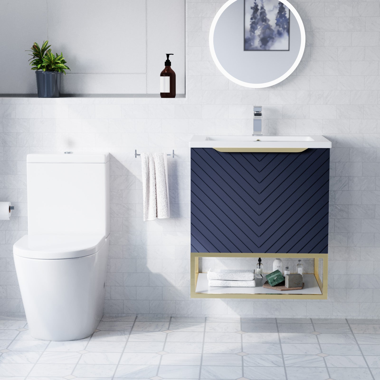 Roxy Blue 600mm Wall Hung Basin Vanity Brushed Brass Frame Handle & Toilet