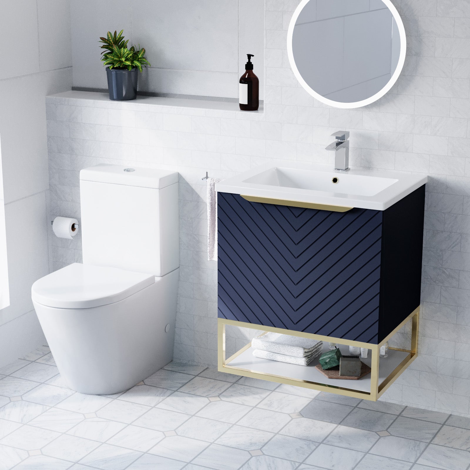 Roxy Blue 600mm Wall Hung Basin Vanity Brushed Brass Frame Handle & Toilet