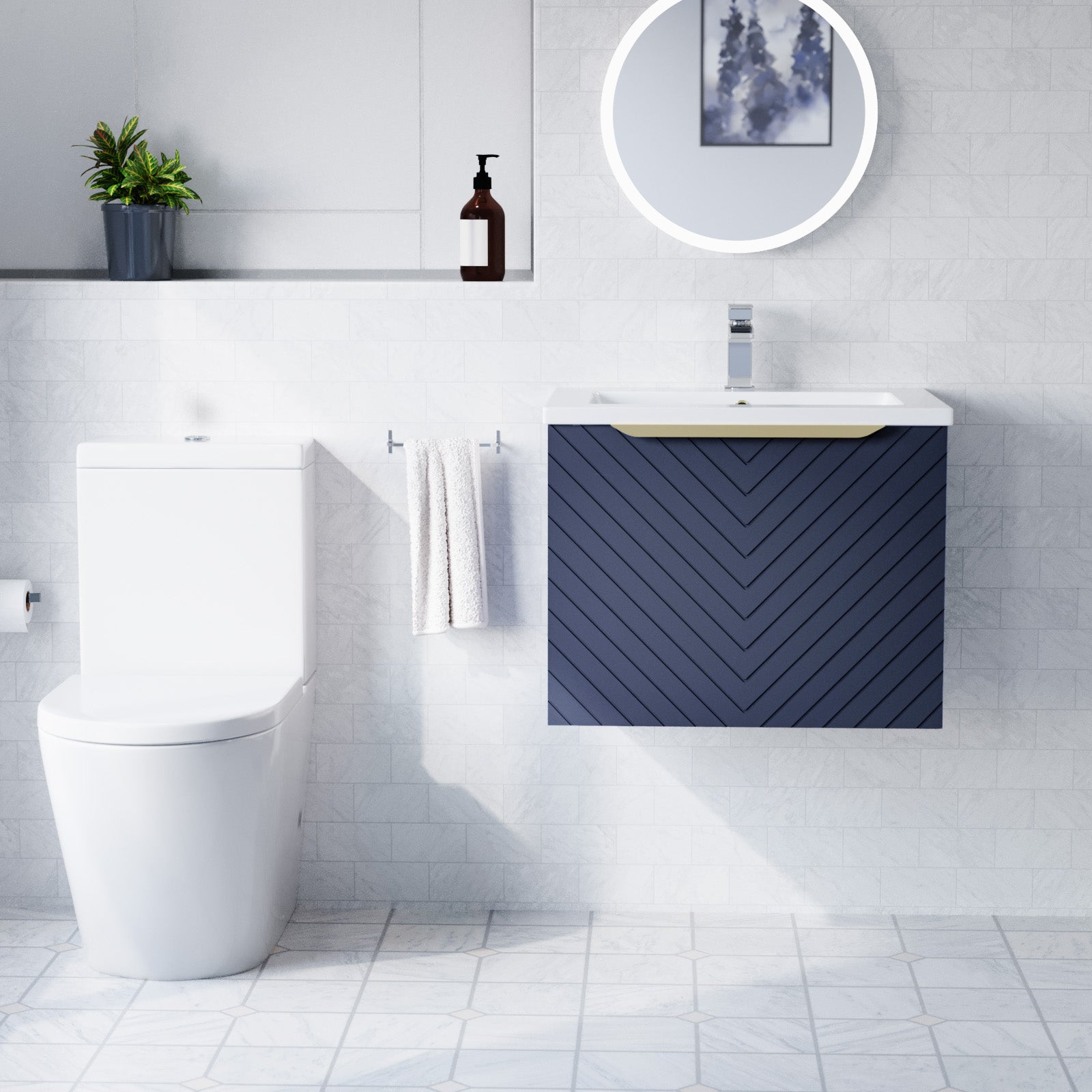 Roxy Blue 600mm Wall Hung Basin Vanity With Handle & Closed Coupled Toilet