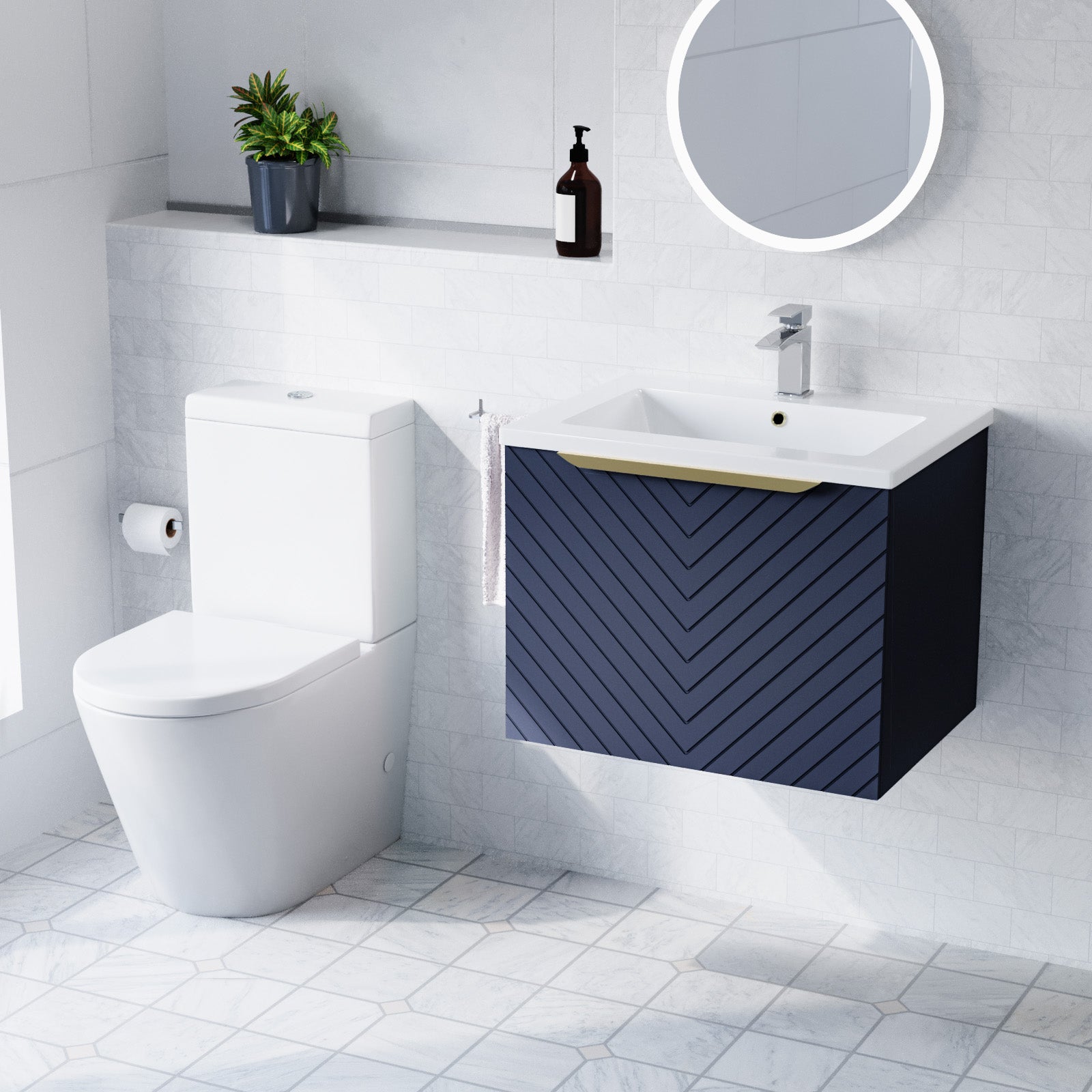 Roxy Blue 600mm Wall Hung Basin Vanity With Handle & Closed Coupled Toilet