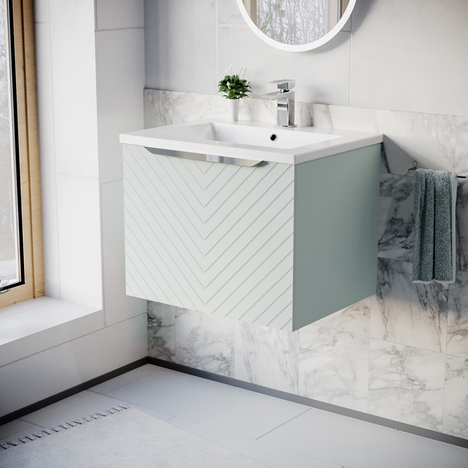 600mm Wall Hung Vanity Double Drawers Matte Green with Basin and Silver Handle