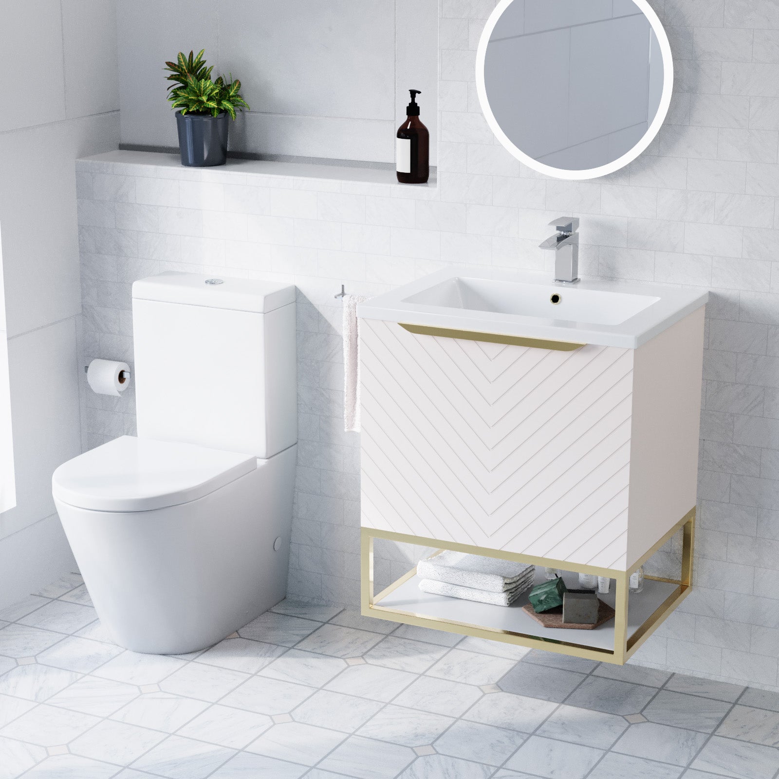 Roxy Pink 600mm Wall Hung Basin Vanity Brushed Brass Frame Handle & Closed Coupled Toilet