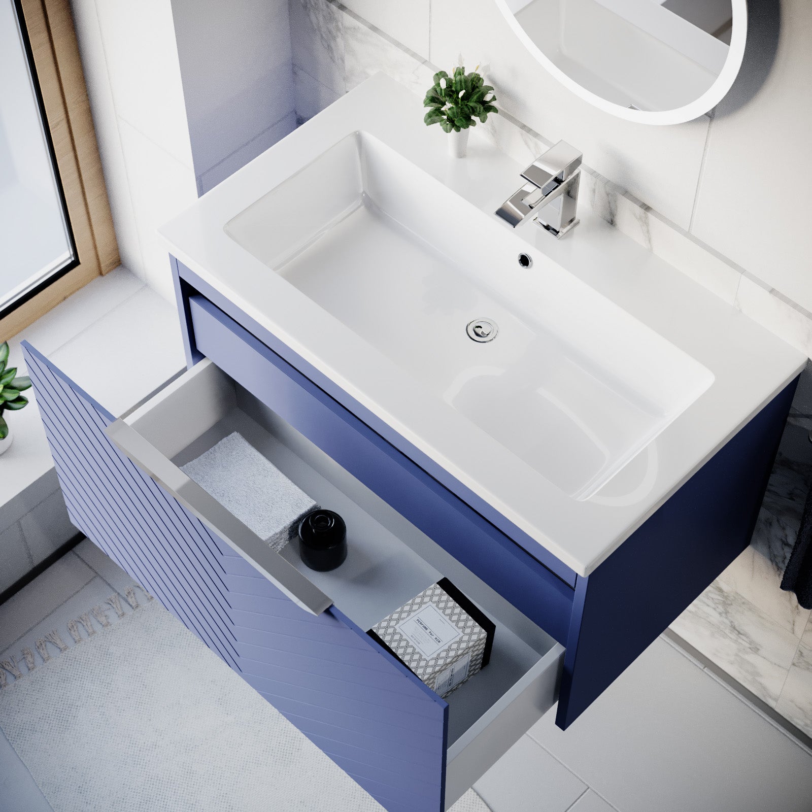 800mm Wall Hung Vanity Double Drawers Matte Blue with Basin and Silver Handle