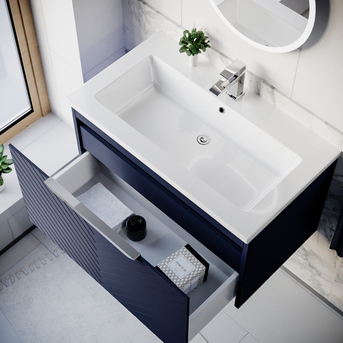 800mm Wall Hung Vanity Double Drawers Matte Blue with Basin and Silver Handle