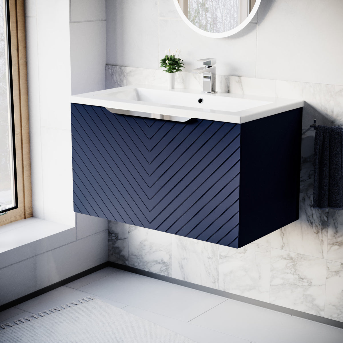 800mm Wall Hung Vanity Double Drawers Matte Blue with Basin and Silver Handle
