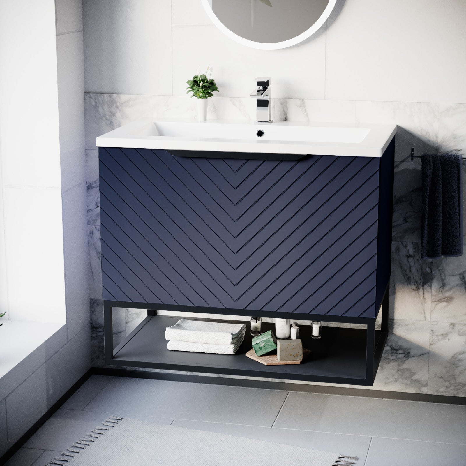 Roxy 800mm Wall Hung Blue Drawers Basin Vanity Black Frame & Handle