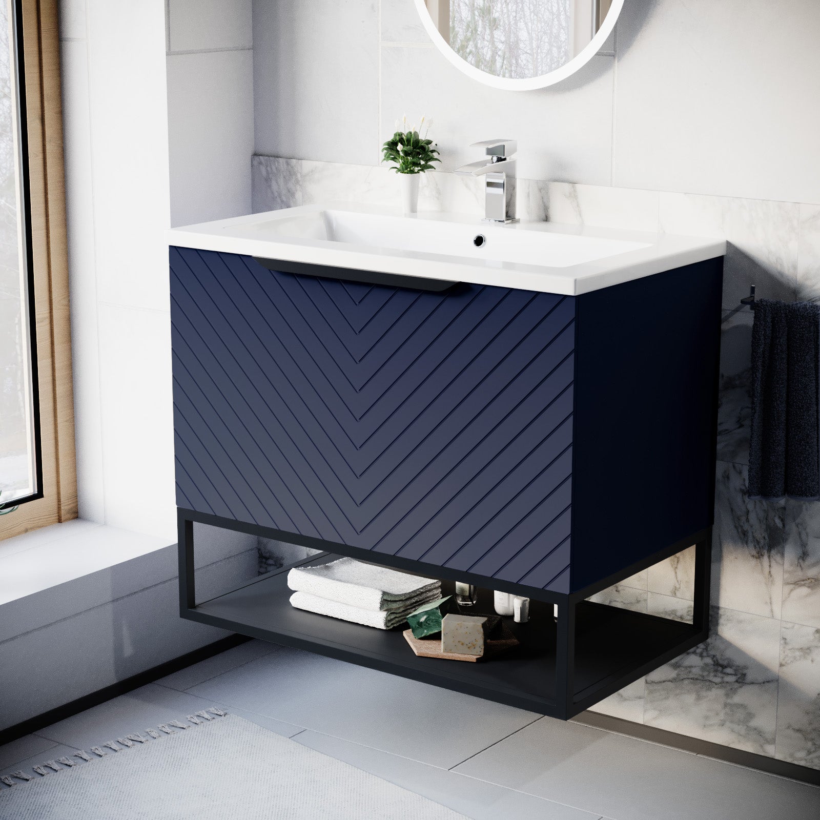 Roxy 800mm Wall Hung Blue Drawers Basin Vanity Black Frame & Handle