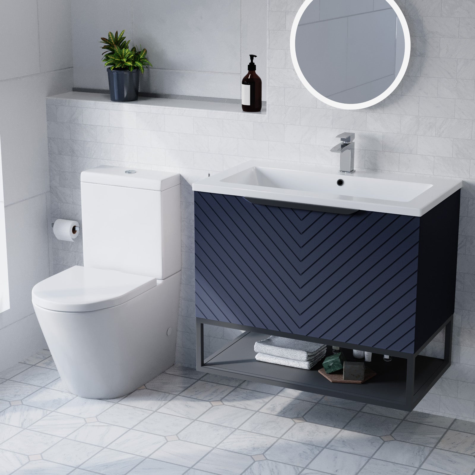 Roxy Blue 800mm Basin Vanity With Black Frame & Close Coupled Toilet