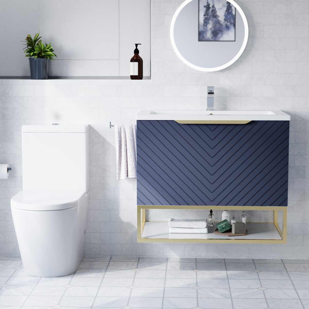 Roxy Blue 800mm Basin Vanity With Brushed Brass Frame & Close Coupled Toilet