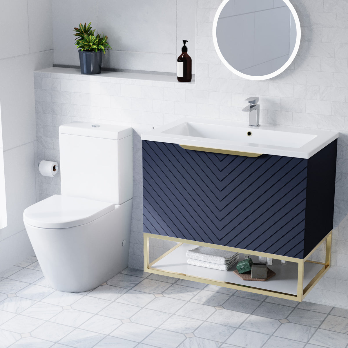 Roxy Blue 800mm Basin Vanity With Brushed Brass Frame & Close Coupled Toilet