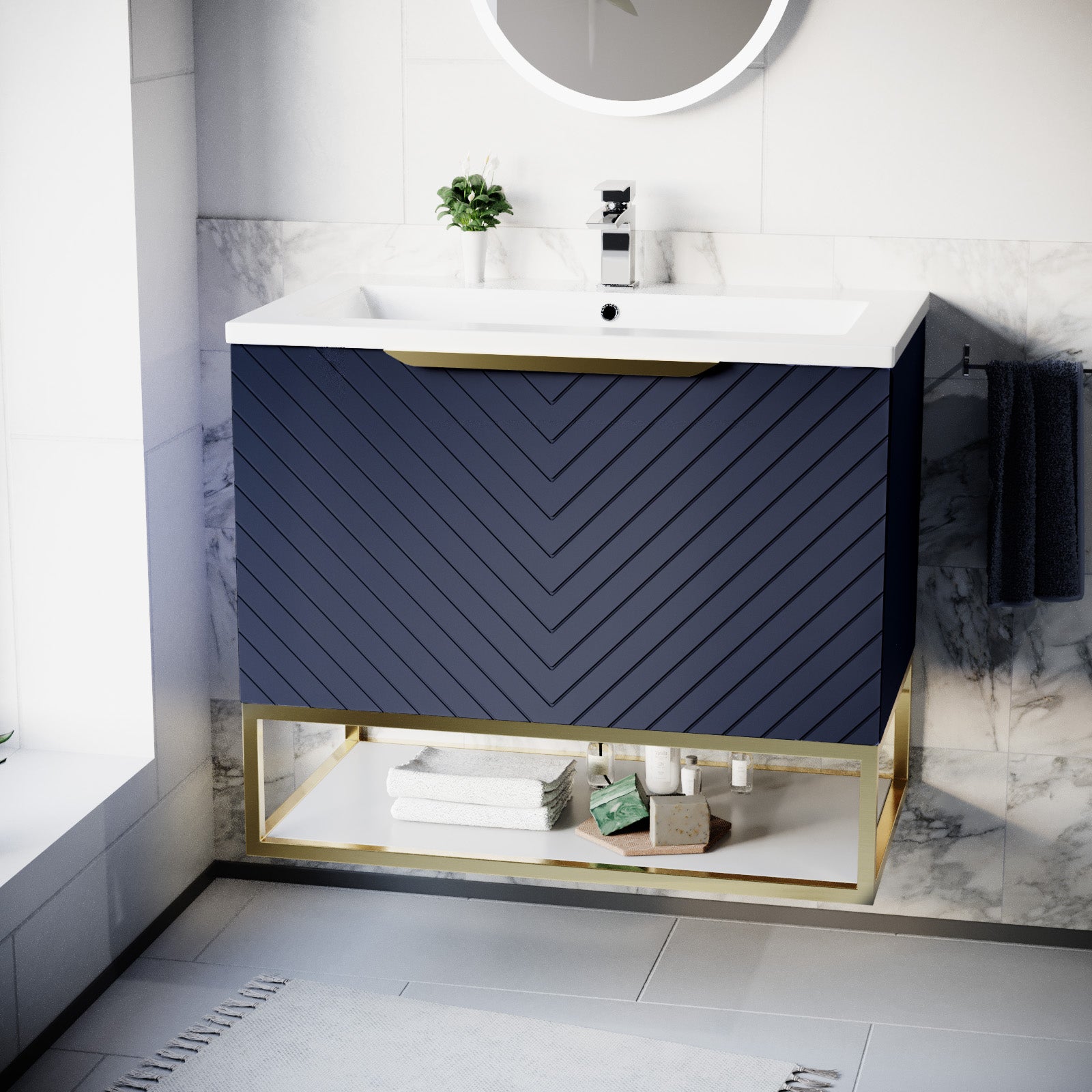 Roxy 800mm Wall Hung Blue Drawers Basin Vanity Brushed Brass Frame & Handle