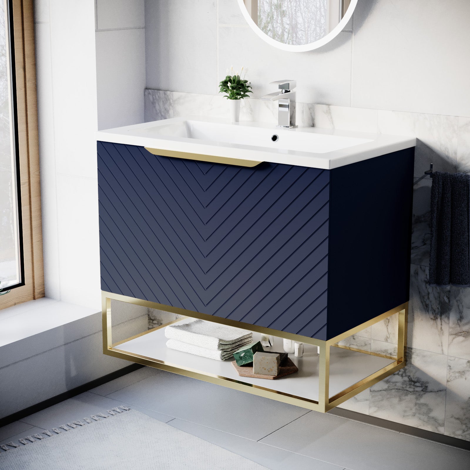 Roxy 800mm Wall Hung Blue Drawers Basin Vanity Brushed Brass Frame & Handle