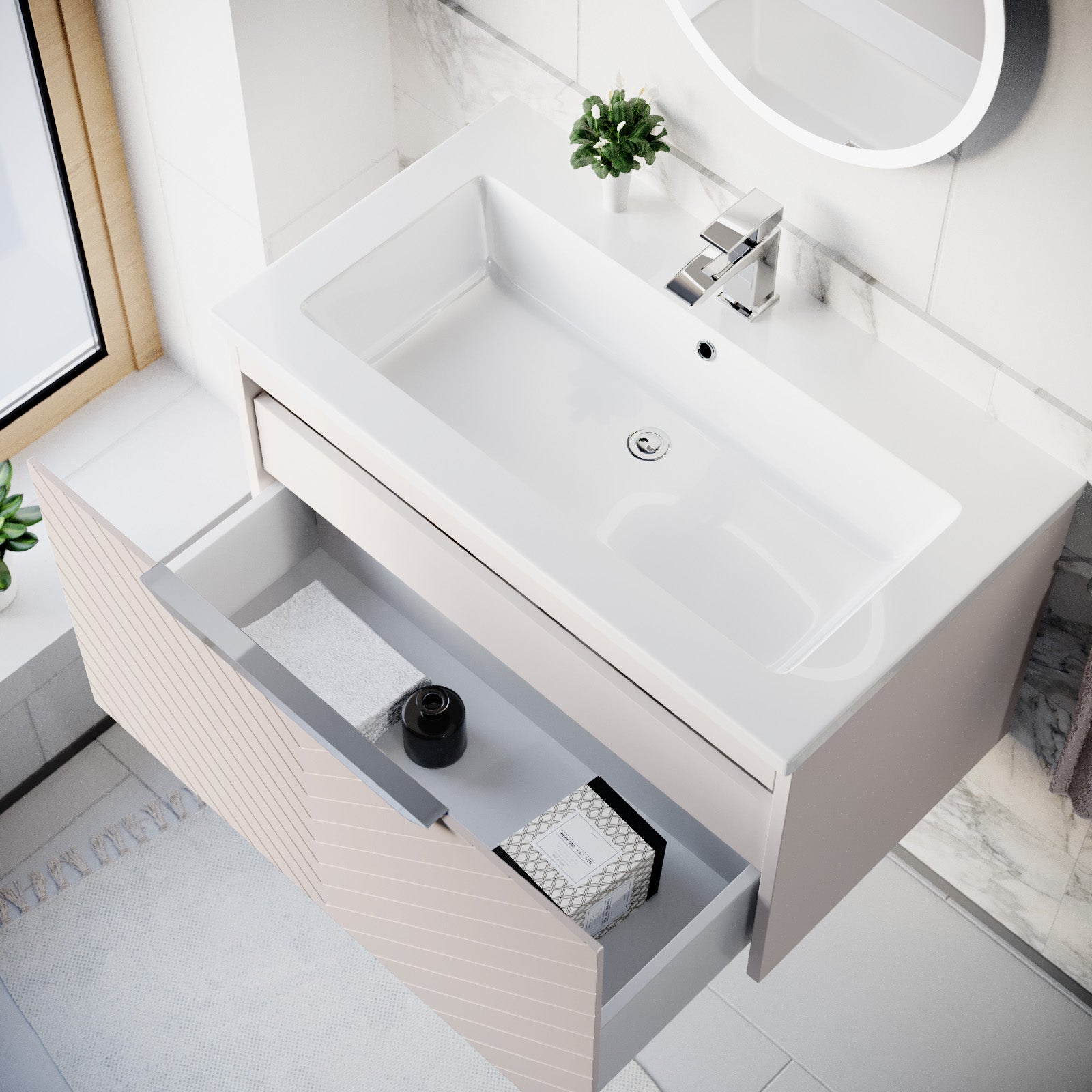 800mm Wall Hung Vanity Double Drawers Matte Pink with Basin and Silver Handle