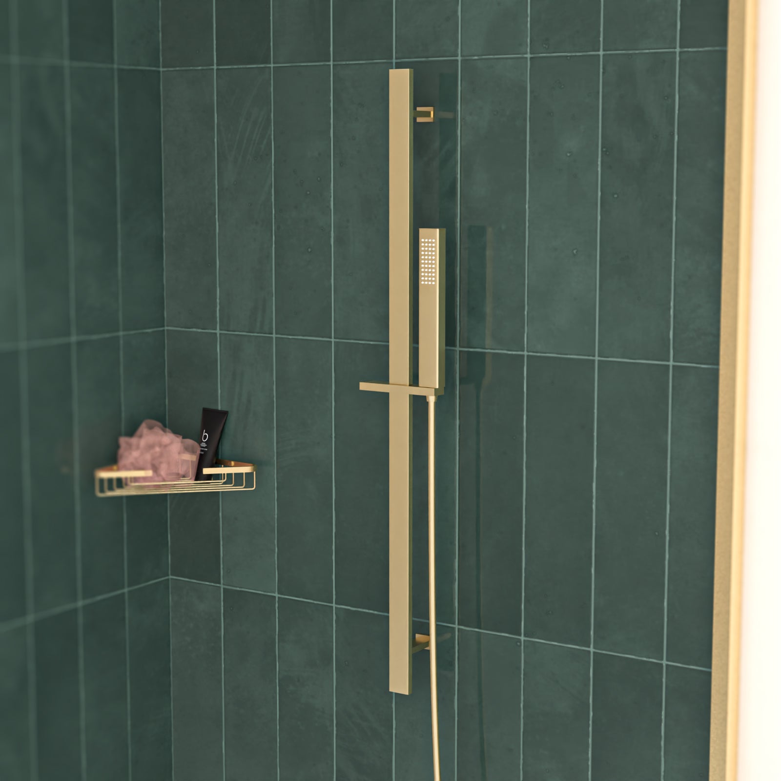 Brushed Brass Square Wall Mounted Slider Rail Shower Kit With Handset