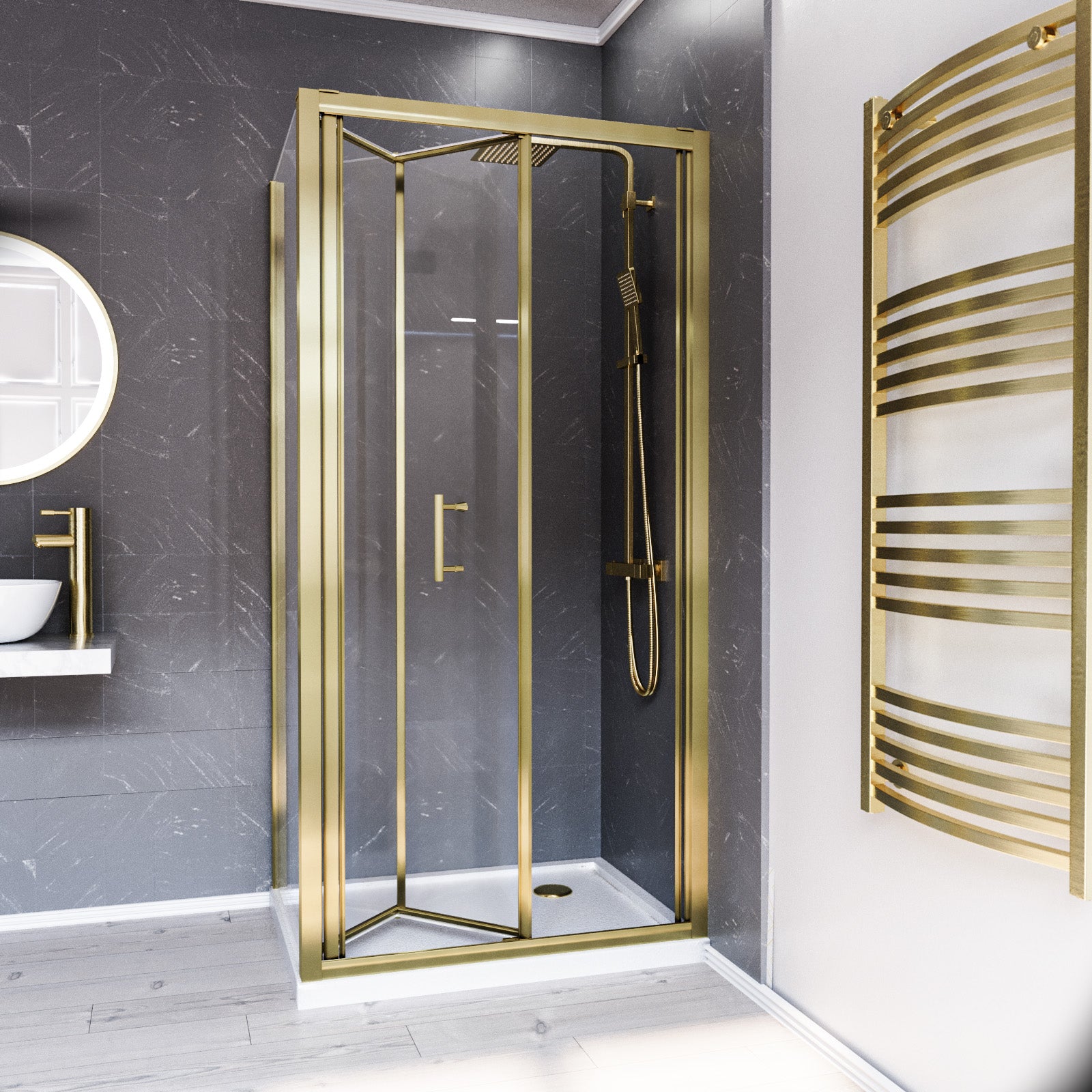 Brushed Brass 1000mm Bi-fold Shower Door 760mm Tempered Glass with Tray